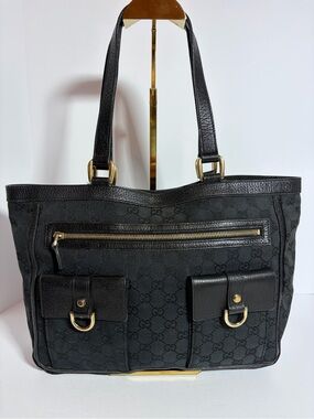 Authentic Gucci Black Monogram Abby Tote with Gold Hardware and Front Pockets